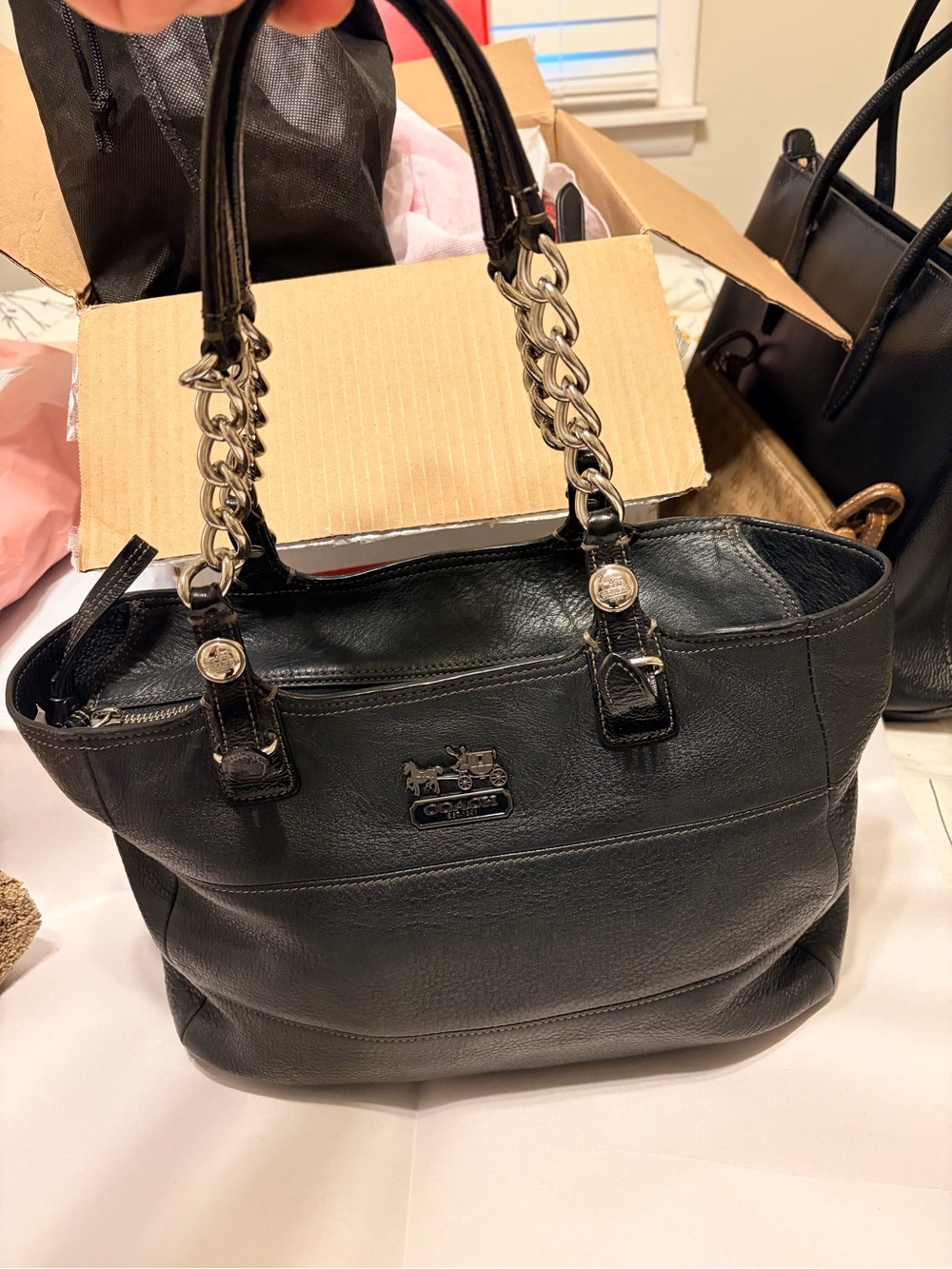 COACH Madison Tribeca 14111 Black Pebbled Leather East West Tote Bag Chain Strap